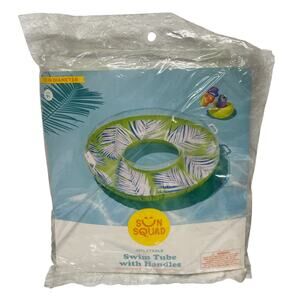 Sun Squad Inflatable Swim Tube w/ Handles 9”x33" Float Palm Leaves, New